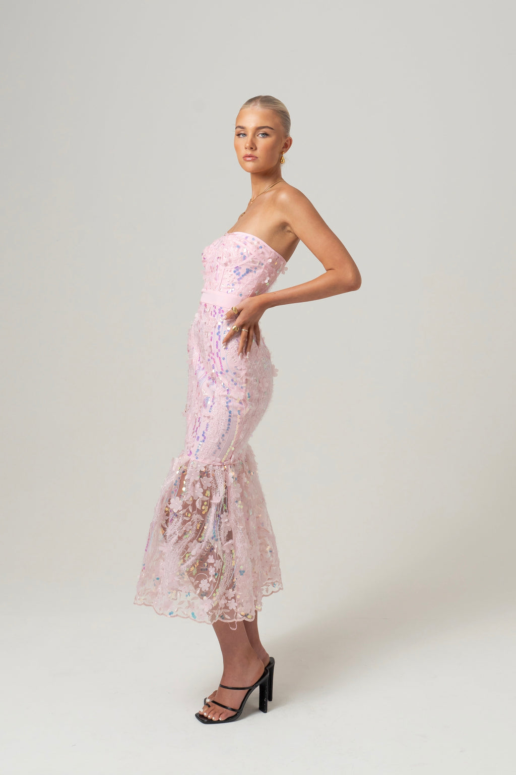 Charlotte Strapless Pink Sequin Midi Dress