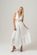 Katrina White Cross Back Maxi Dress with Buckle Detail