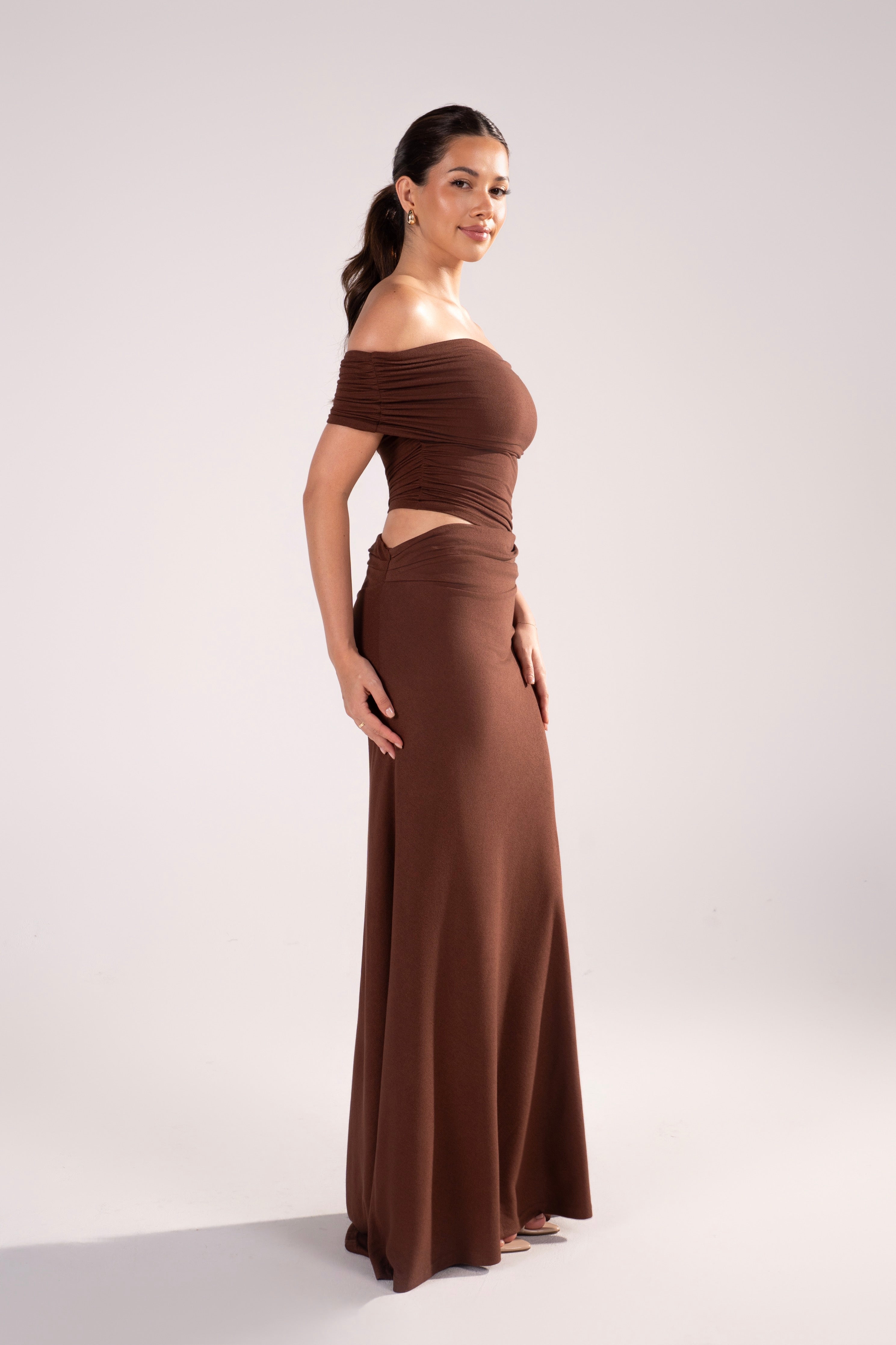 Elowen Off-Shoulder Maxi Dress with Waist Cutout