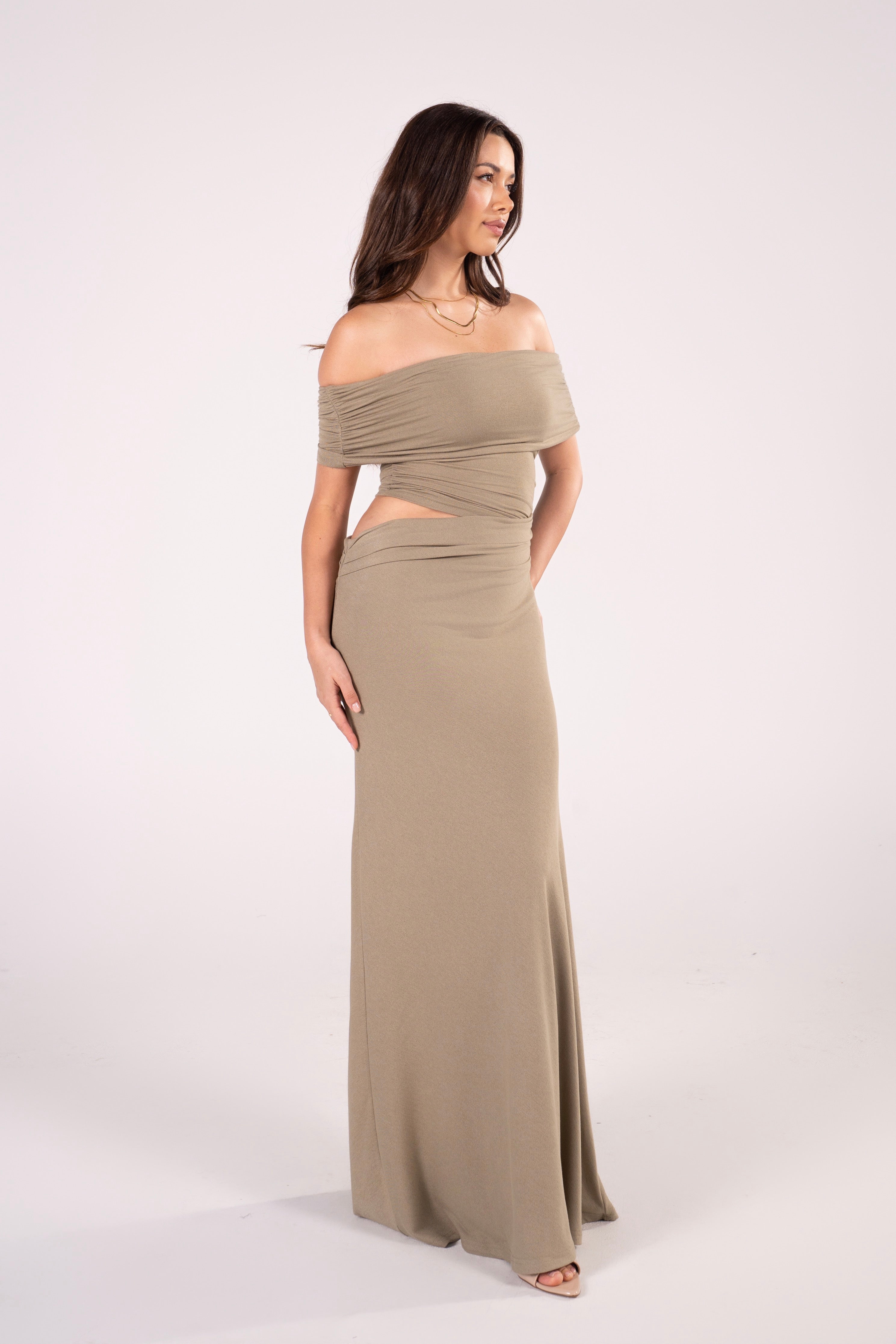 Elowen Off-Shoulder Maxi Dress with Waist Cutout