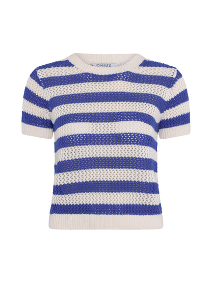 Lexi Stripe Crochet Jumper in Blue and Cream