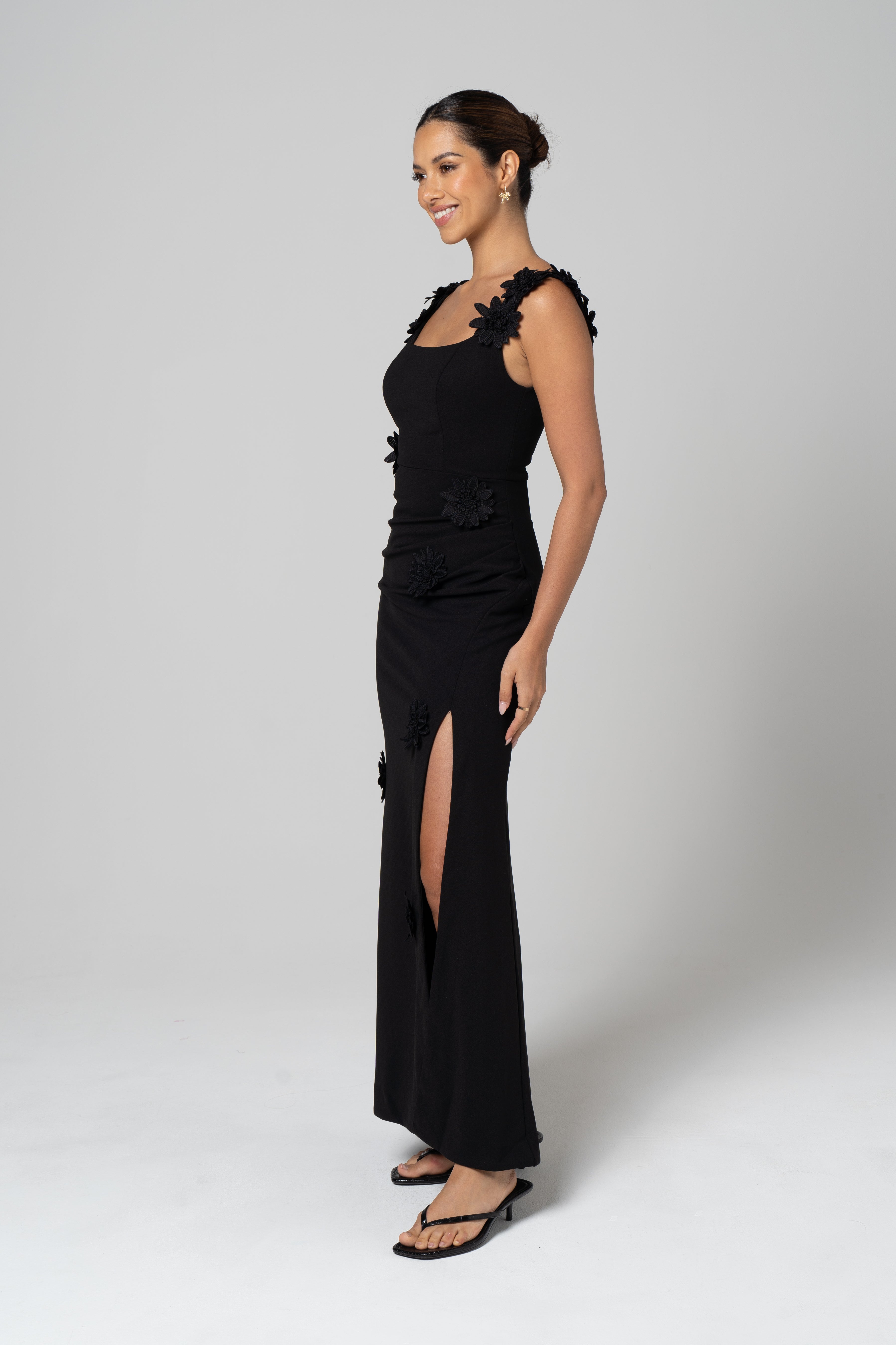 Luciana Black Maxi Dress with 3D Flowers