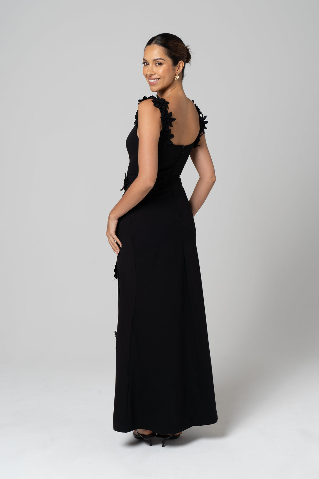 Luciana Black Maxi Dress with 3D Flowers