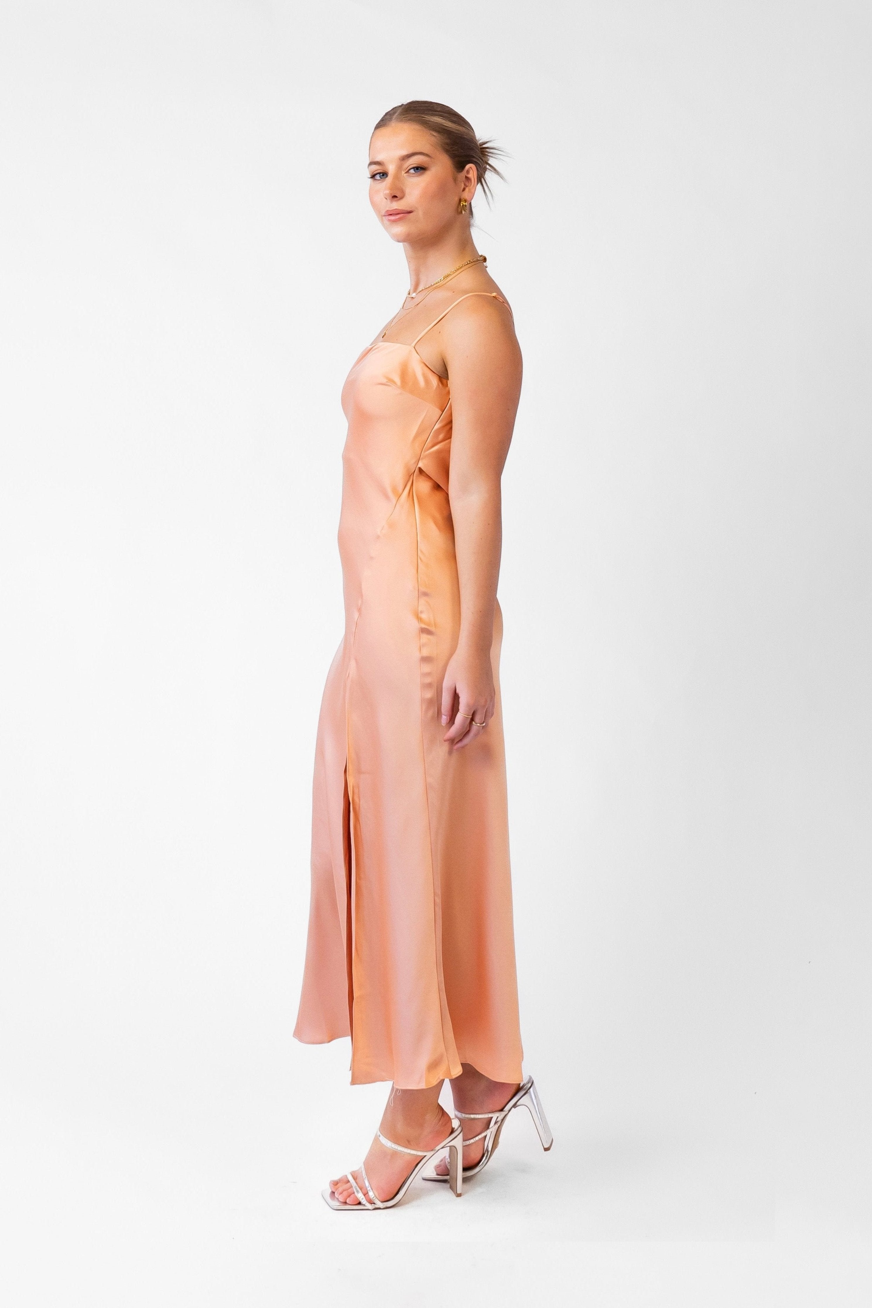 Maddy Peach Satin Maxi Slip Dress