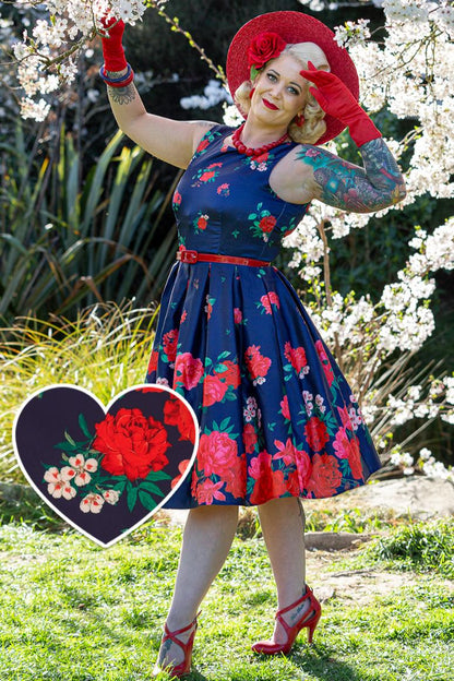 Annie Retro Swing Dress in Purple with Raising Rose Print