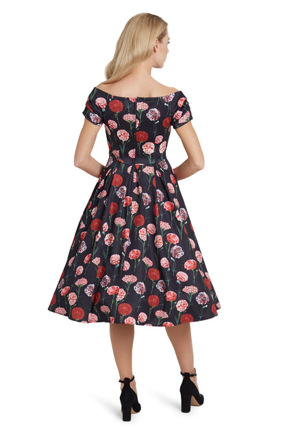 Lily Off Shoulder Peony Swing Dress in Black