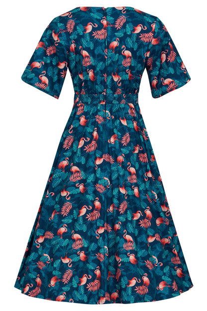 Janice Sleeved Tea Dress In Blue Flamingo & Leaves Print
