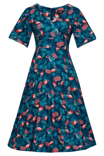 Janice Sleeved Tea Dress In Blue Flamingo & Leaves Print