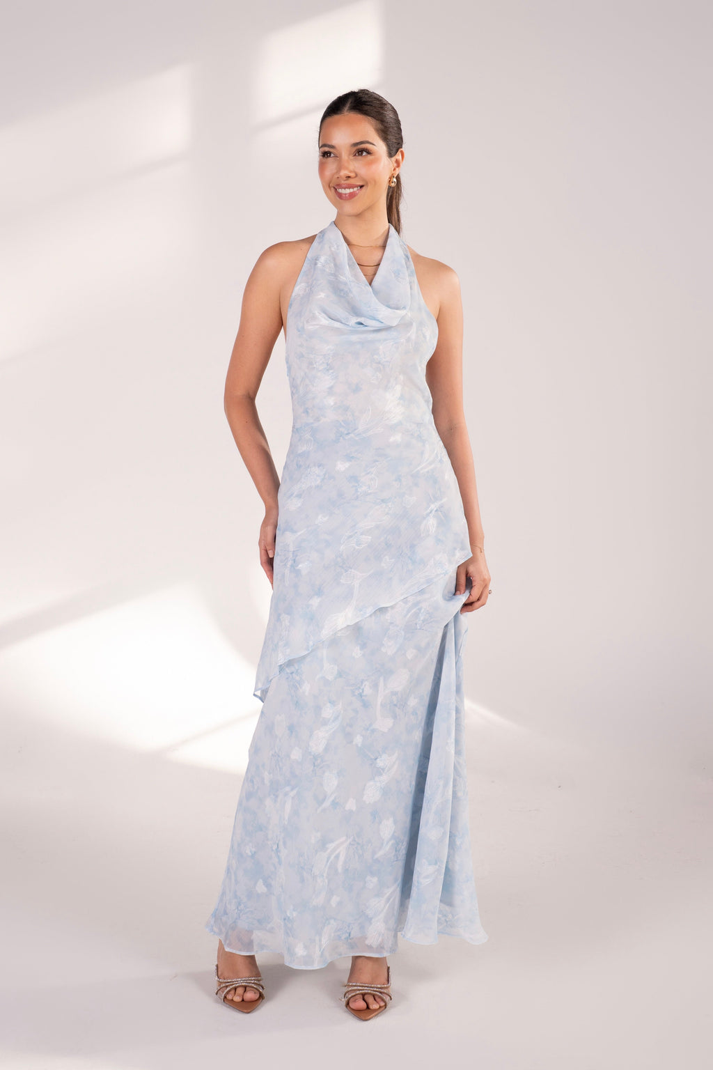 Philippa Baby Blue Cowl Neck Halter Dress