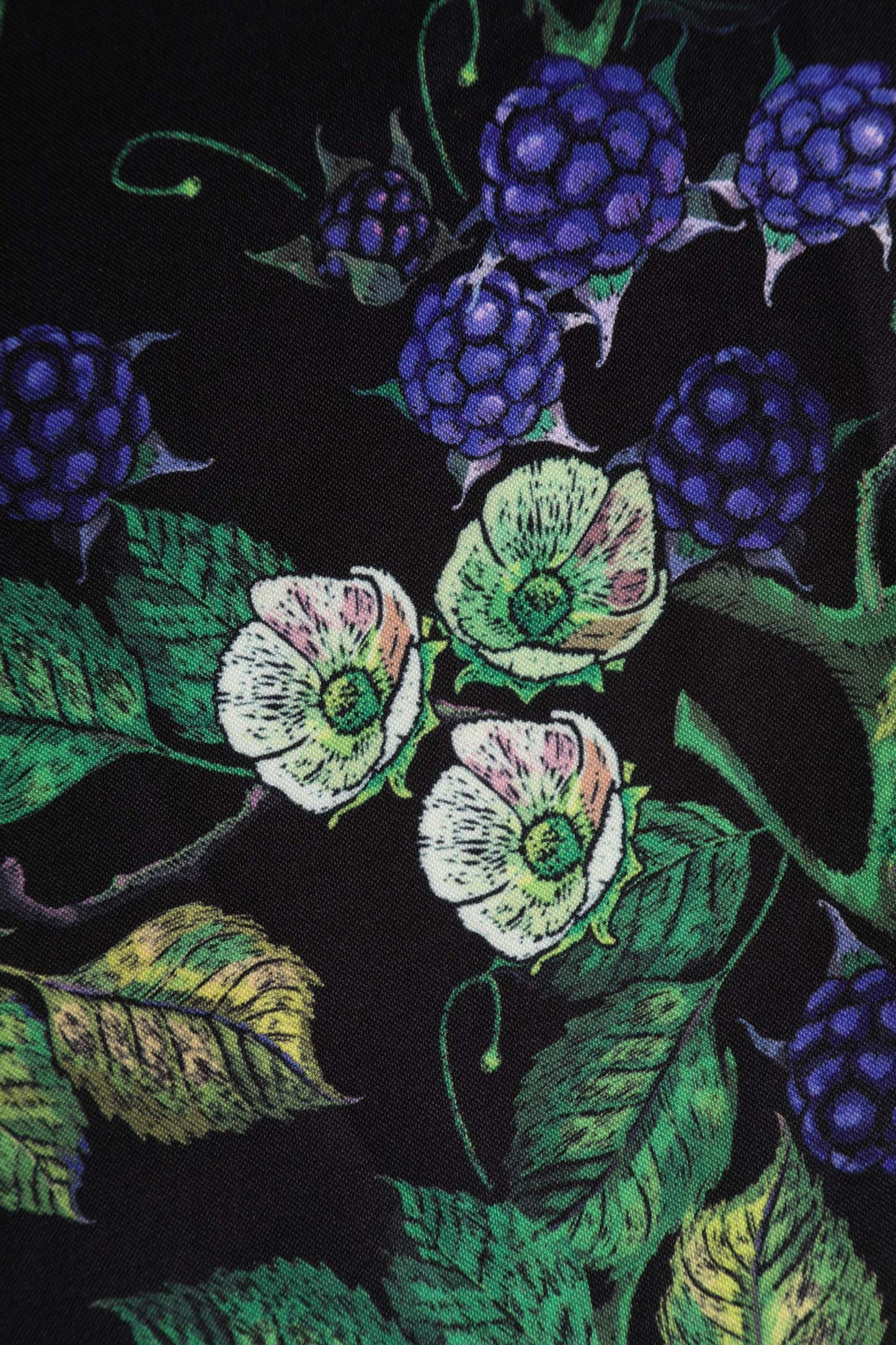 Darlene Off-Shoulder Dress in Black/Purple Berry Leaf Print
