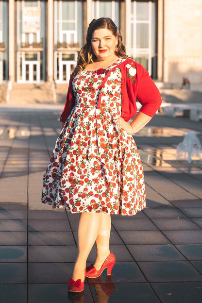 Amanda Retro Red Roses Swing Dress In White