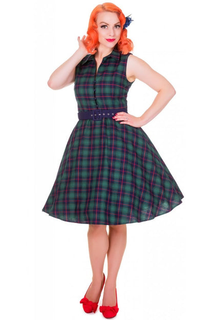 Poppy Retro Shirt Swing Dress in Green Tartan