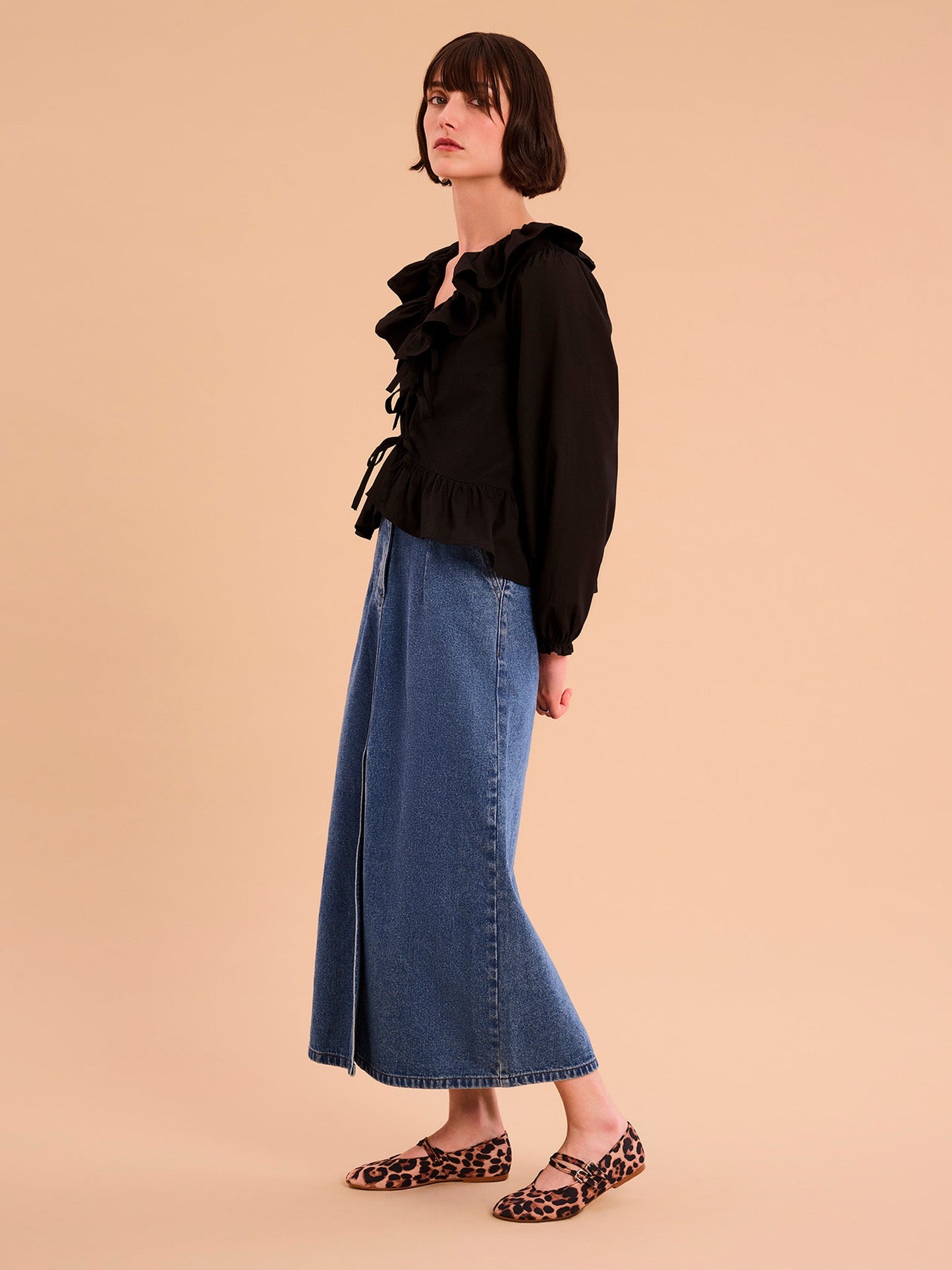 Selena Frill Blouse in Black