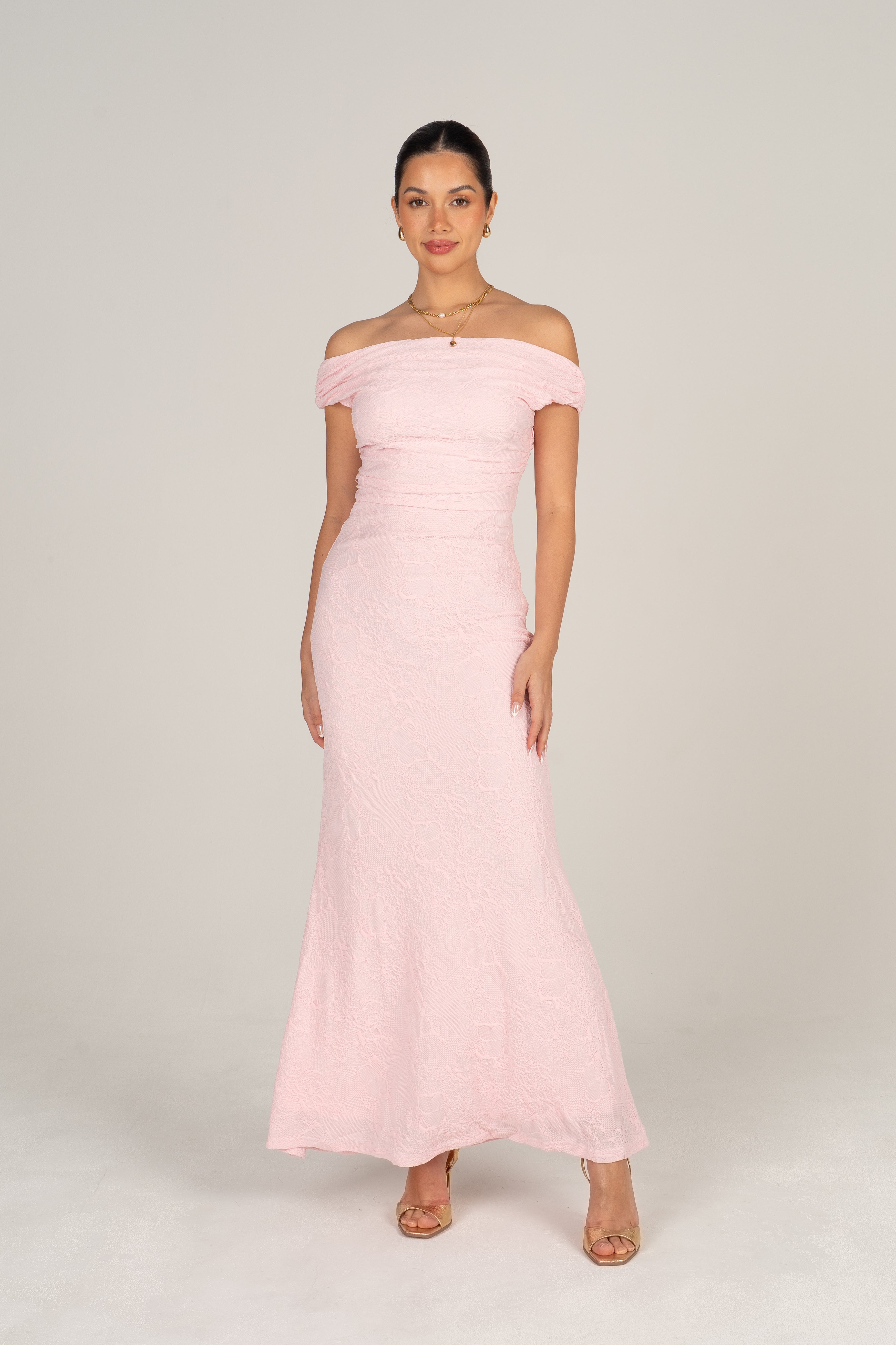 Teagan Off-Shoulder Pink Lace Midi