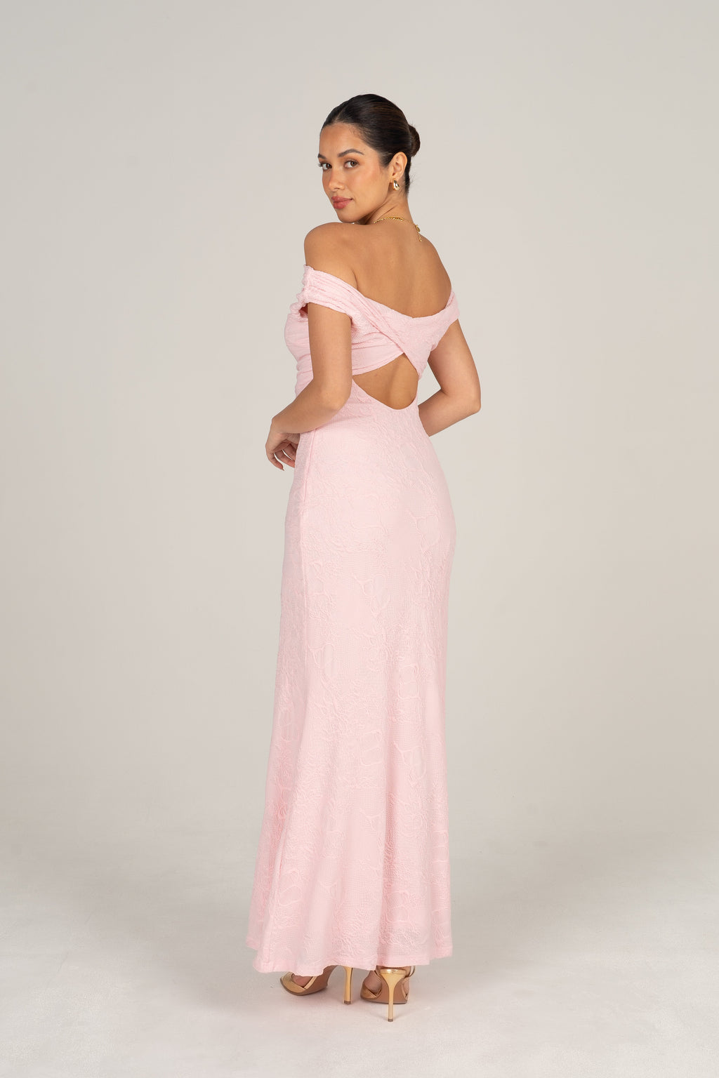 Teagan Off-Shoulder Pink Lace Midi