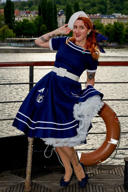 Darlene Nautical Anchor Embroidered Dress In Blue