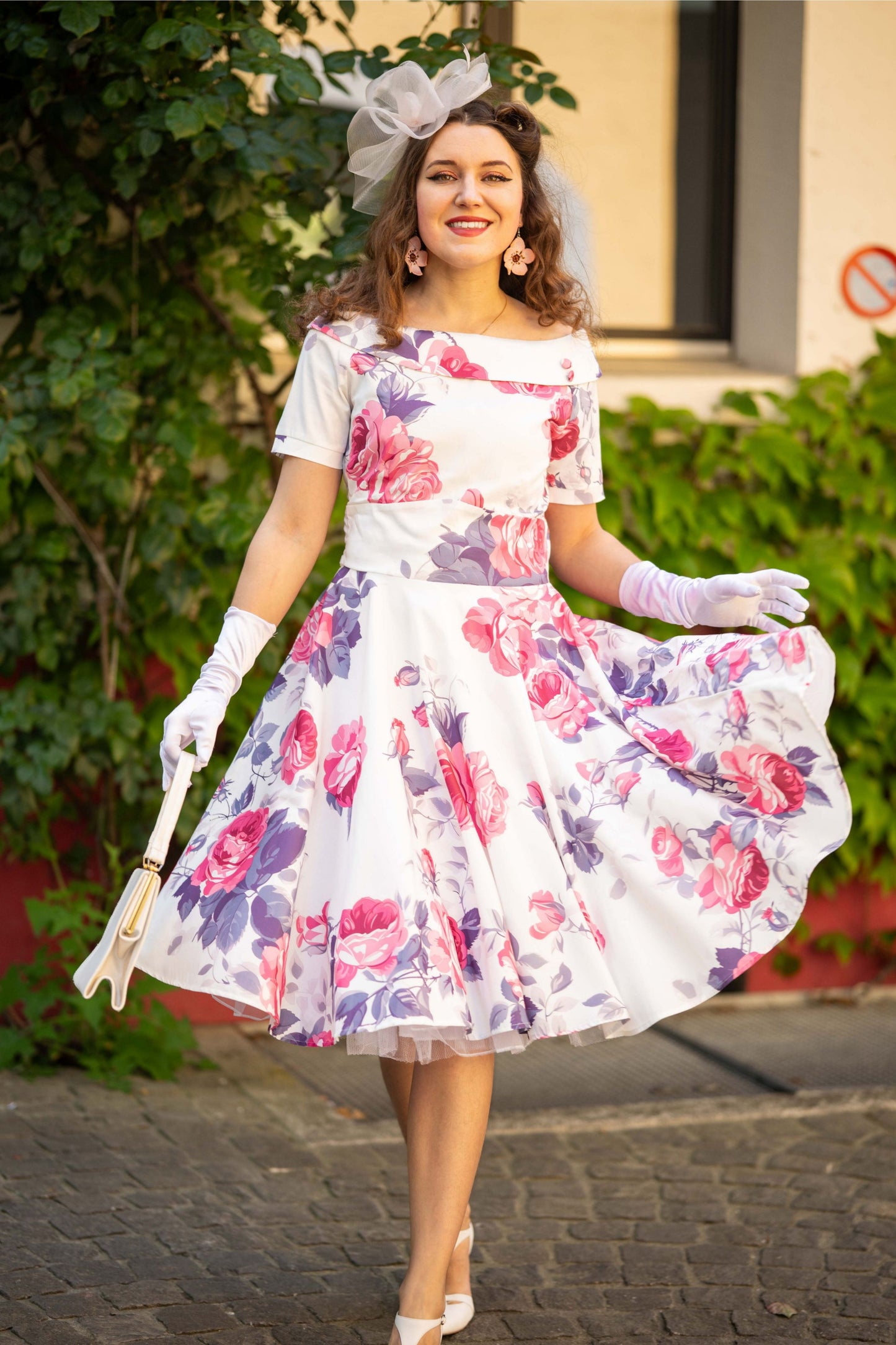 Darlene Pastel Roses Flared Dress In White