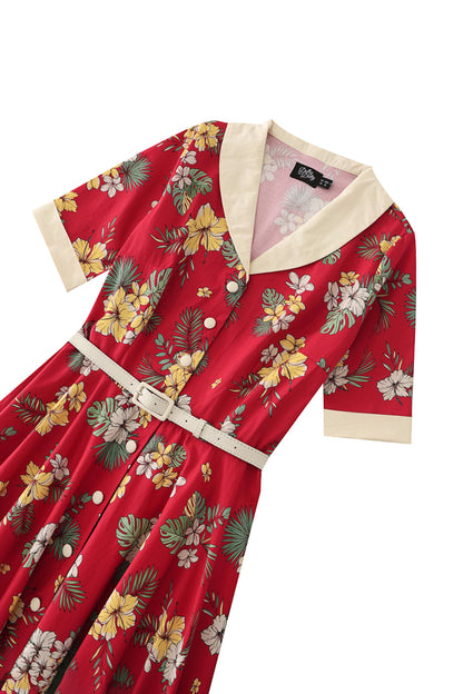 Mollie Red Vintage Hibiscus Full Circle Shirt Dress