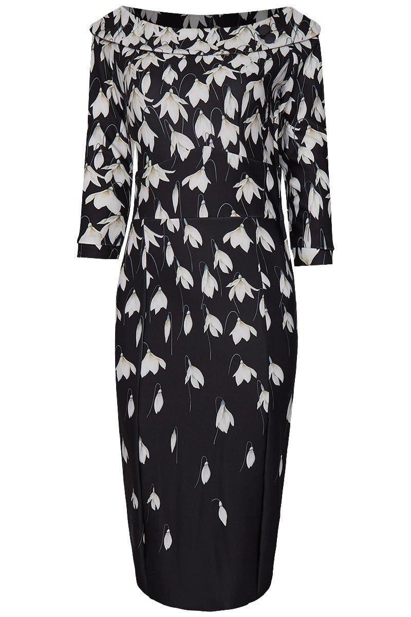 Denise Vintage Inspired Wiggle Dress-Black Snowdrop Flowers