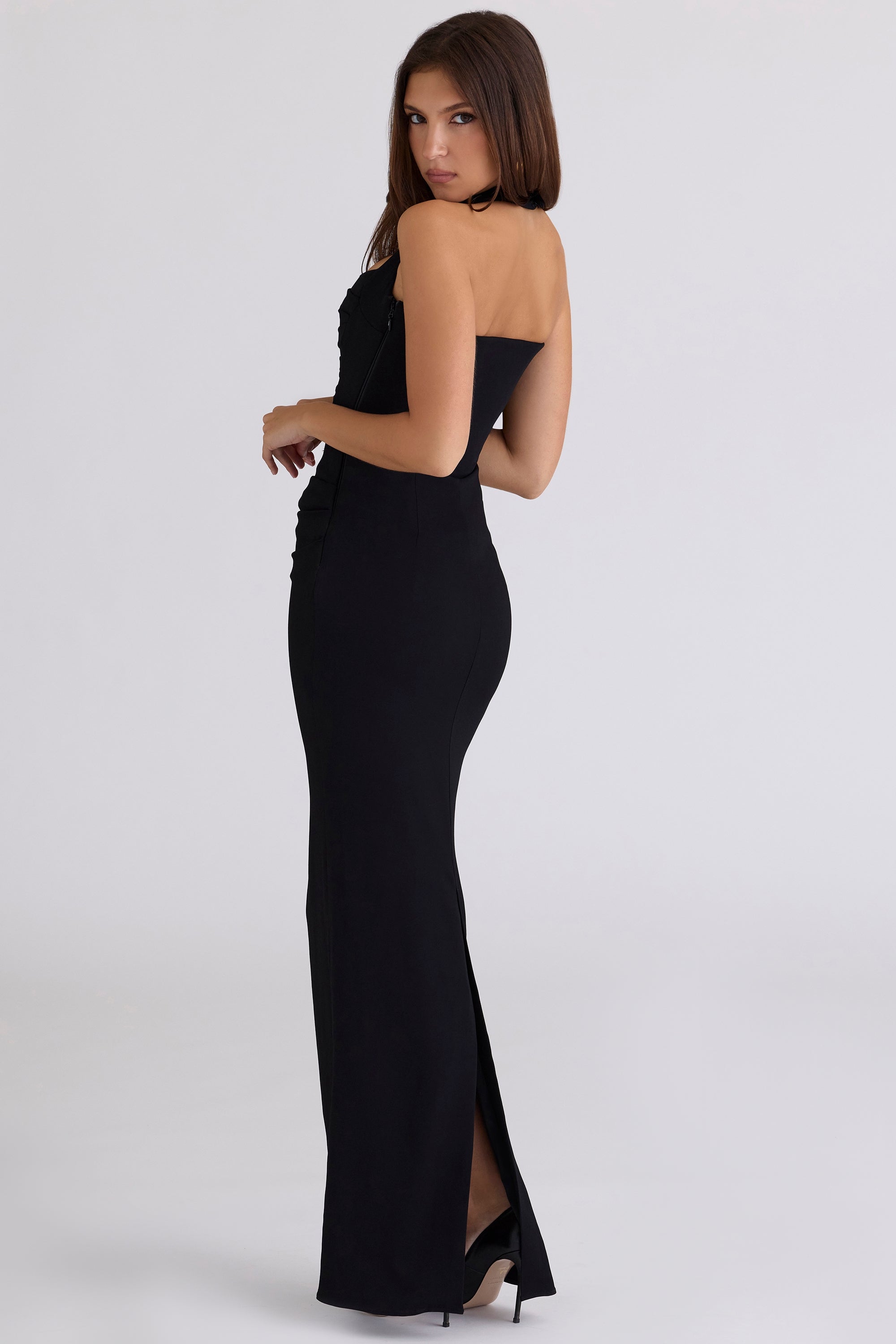 black scuplting halter neck maxi dress