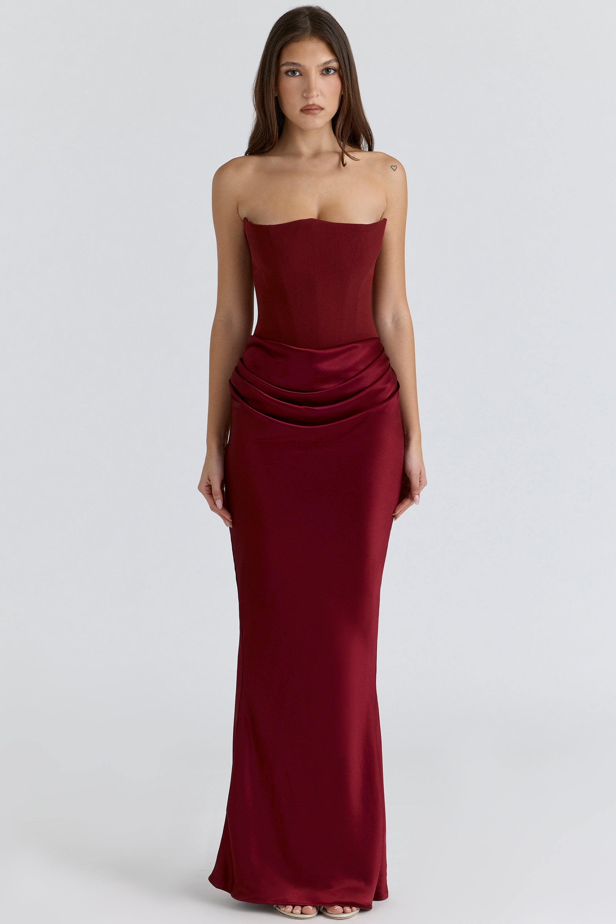 wine strapless corset maxi dress
