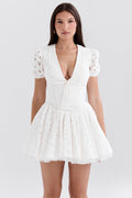 white pleated broderie anglais mini dress
