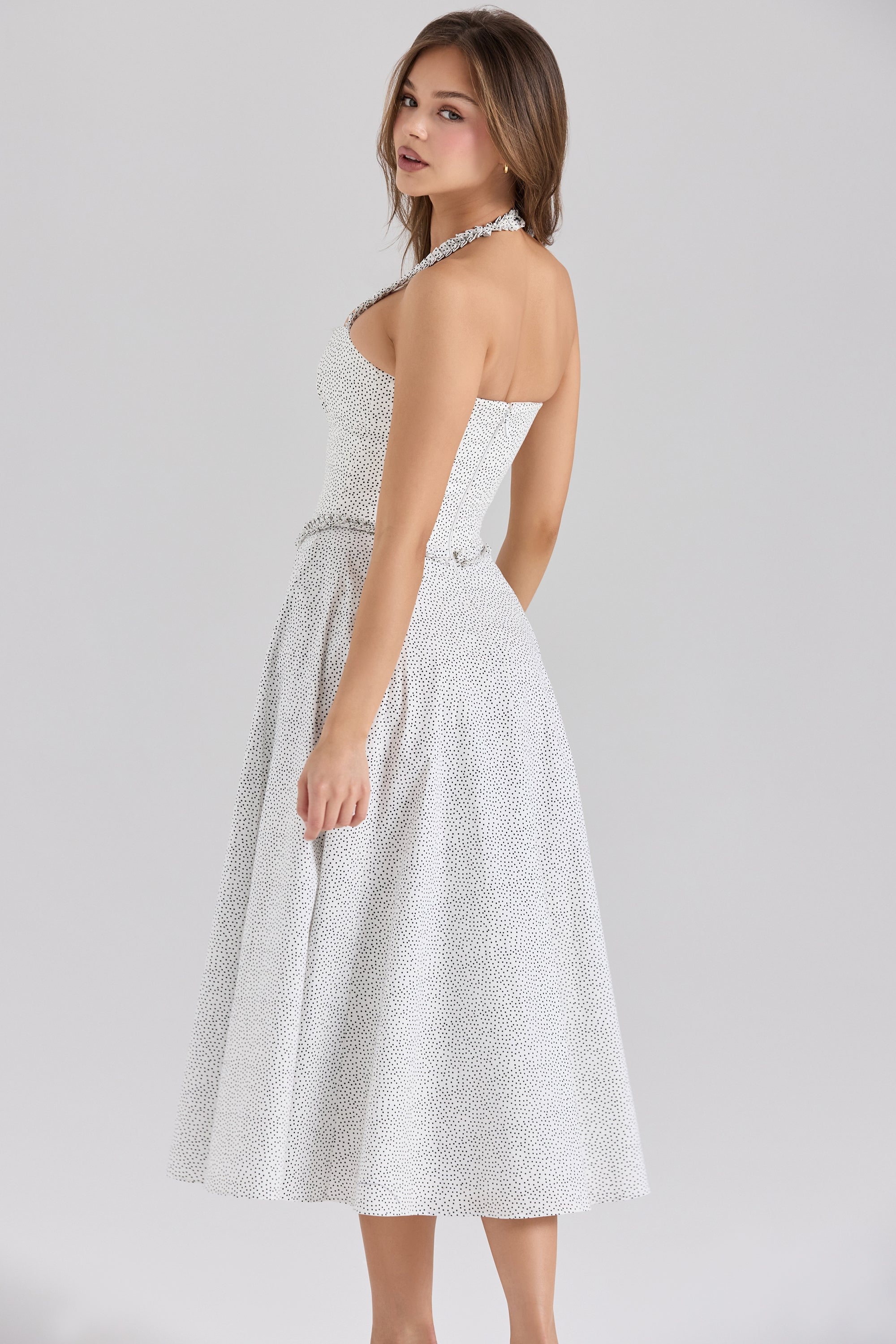 cotton halter neck polka dot print midi dress