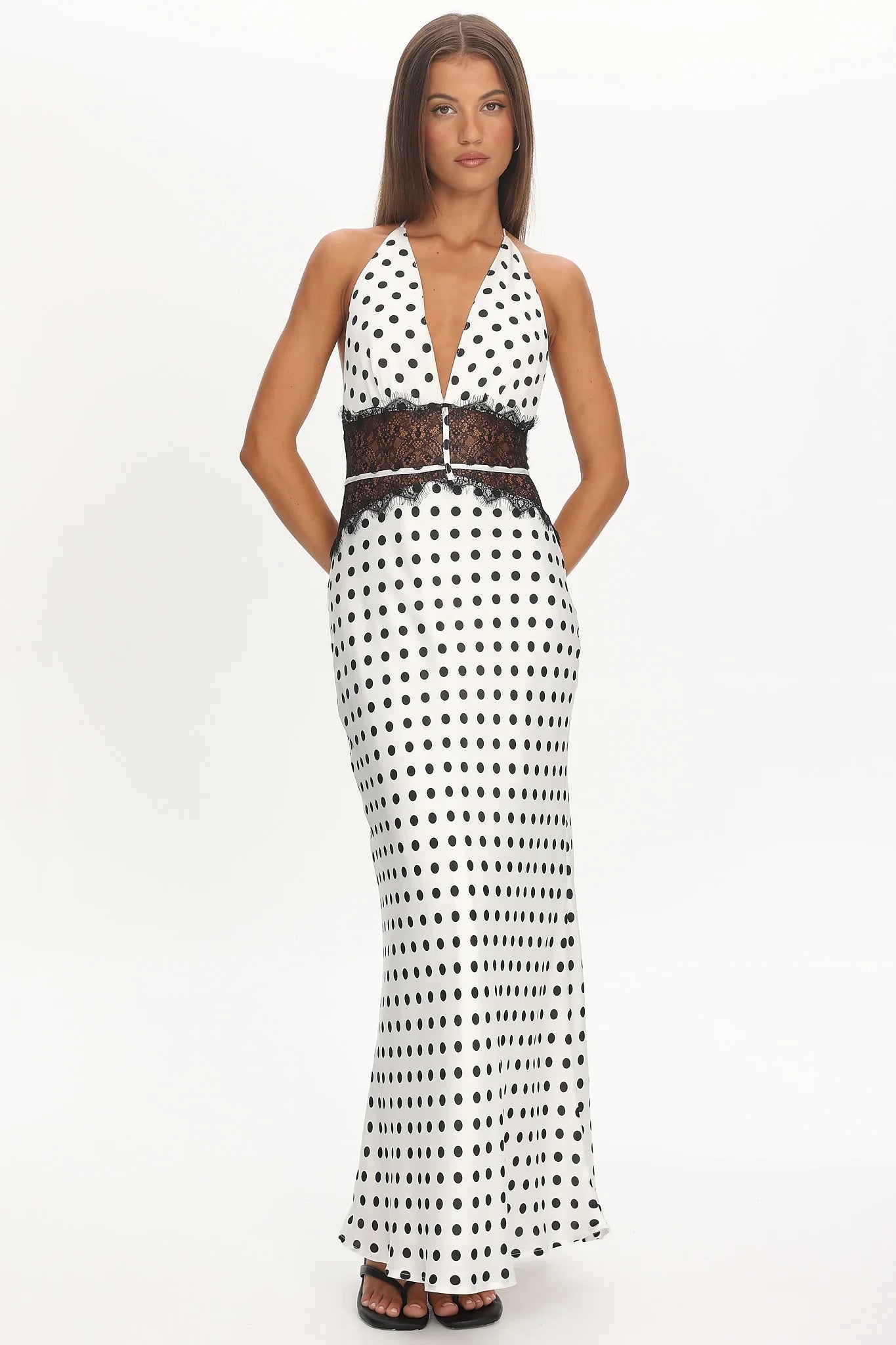 Tarly Lace Waist Halter Maxi Dress Polka Dot White