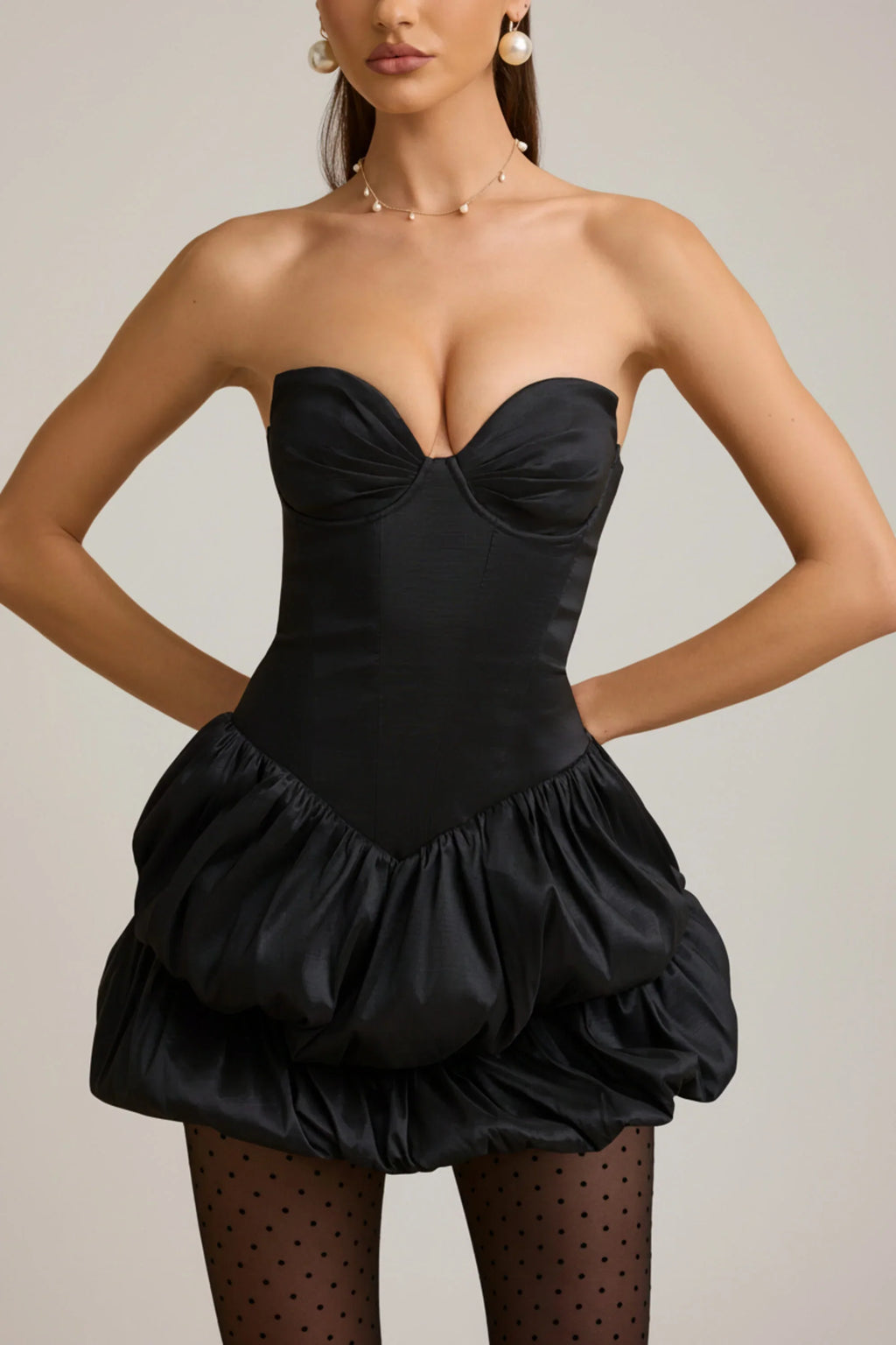 Satin Bubble Hem Corset Mini Dress in Black