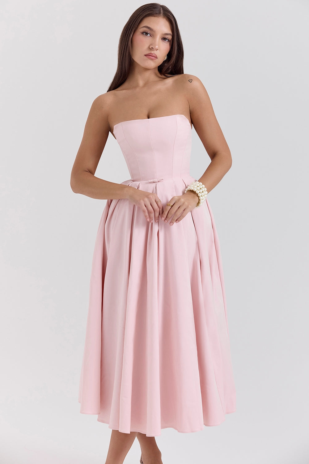 parisian pink strapless corset midi dress