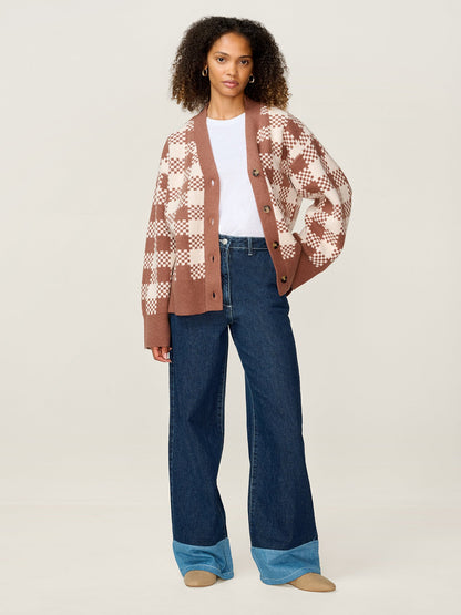 Athena Check Cardigan in Brown and Cream