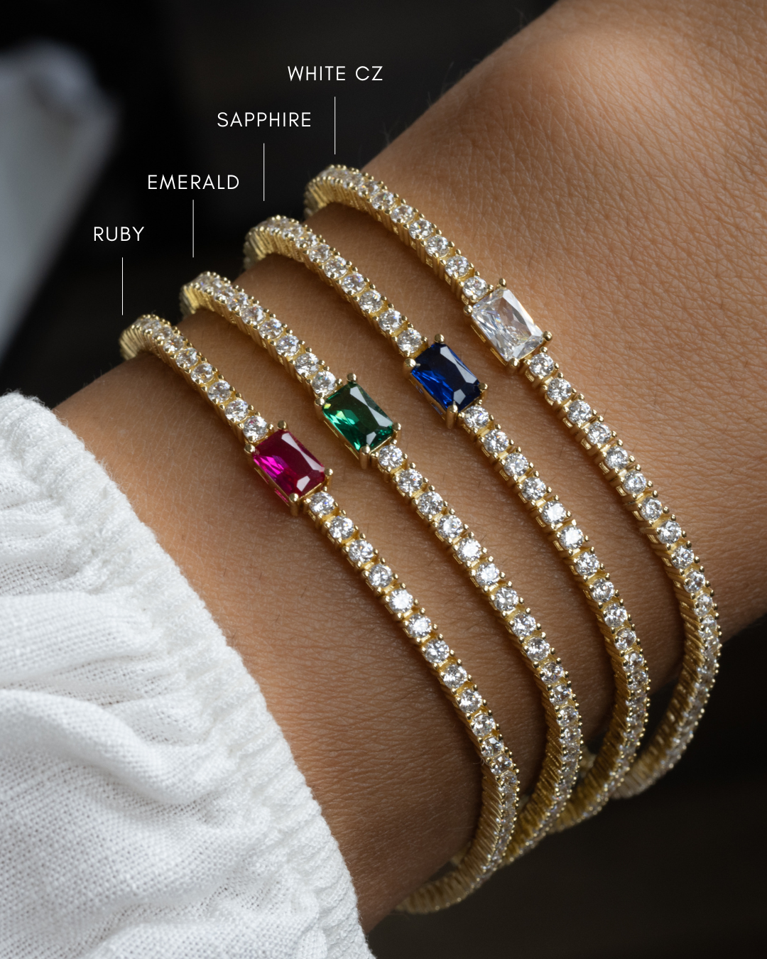 Tennis Bracelet with Emerald Baguette Charm