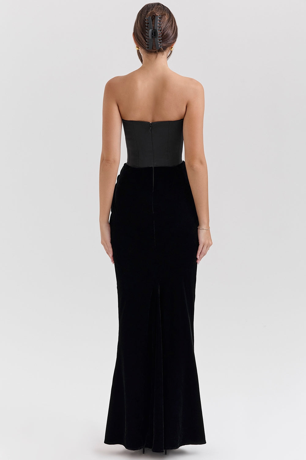 black velvet strapless corset maxi dress