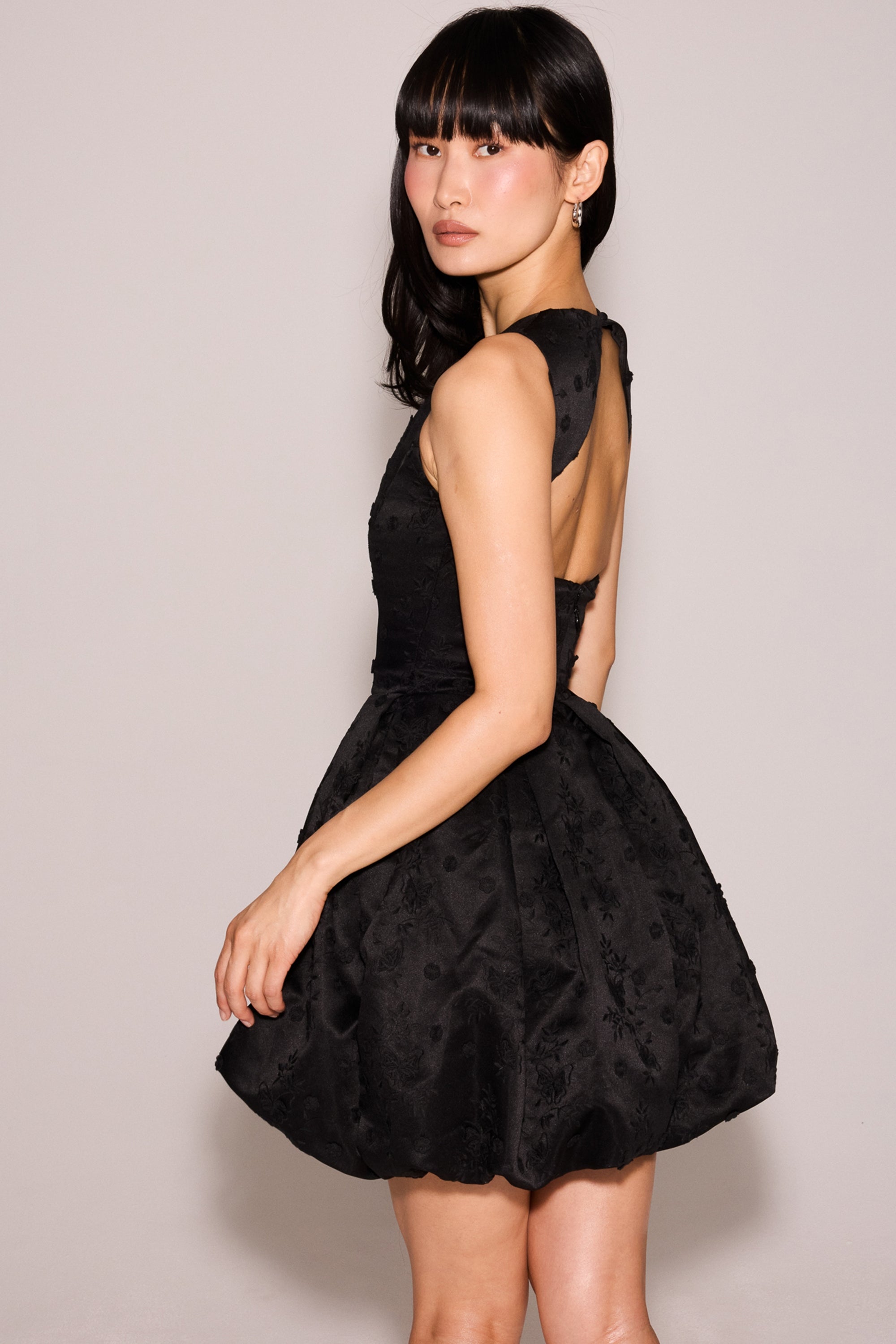 black backless embroidered mini puffball dress