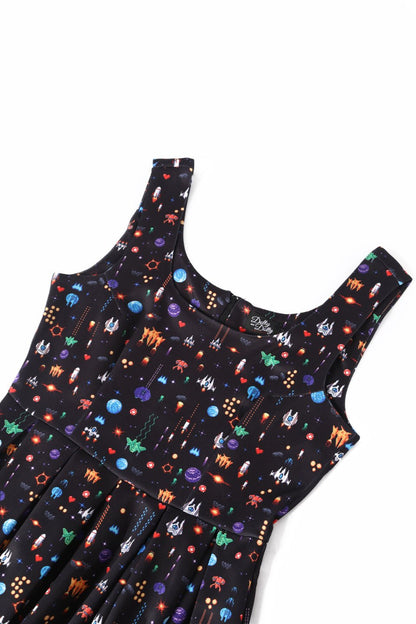 Amanda Black Retro Arcade Game Flared Dress