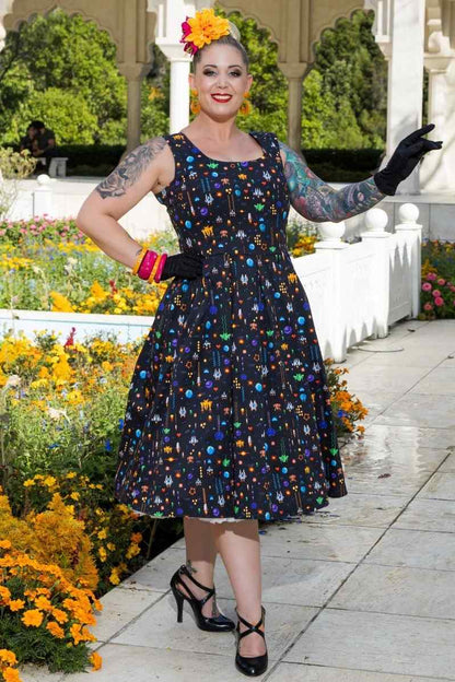 Amanda Black Retro Arcade Game Flared Dress