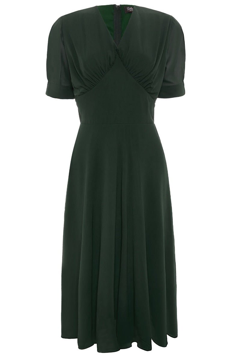 Elise 40's Balloon Sleeved Chiffon Dress in Dark Green