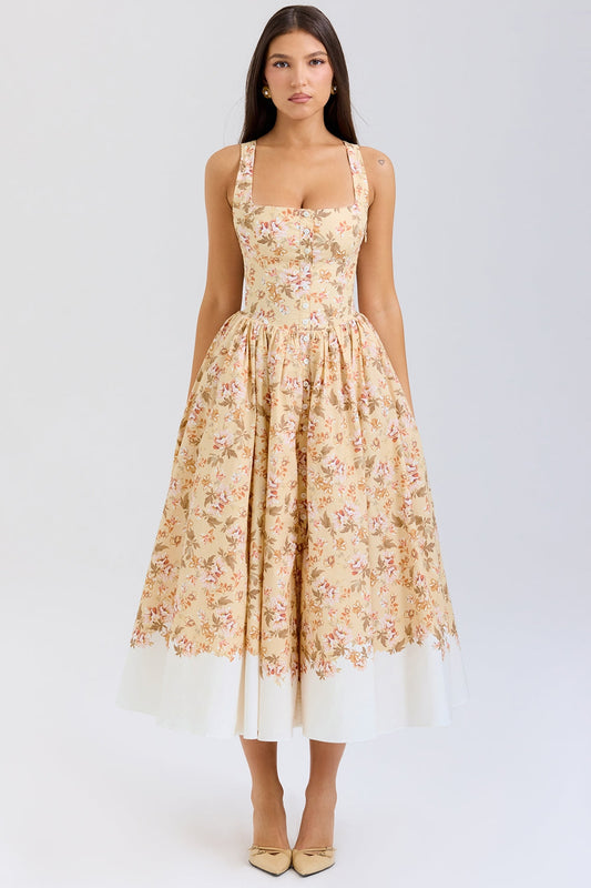 honeyflower print gathered cotton midi dress