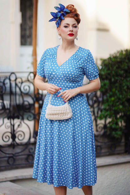 Julia Casual Midi Dress in Blue Polka Dot Print