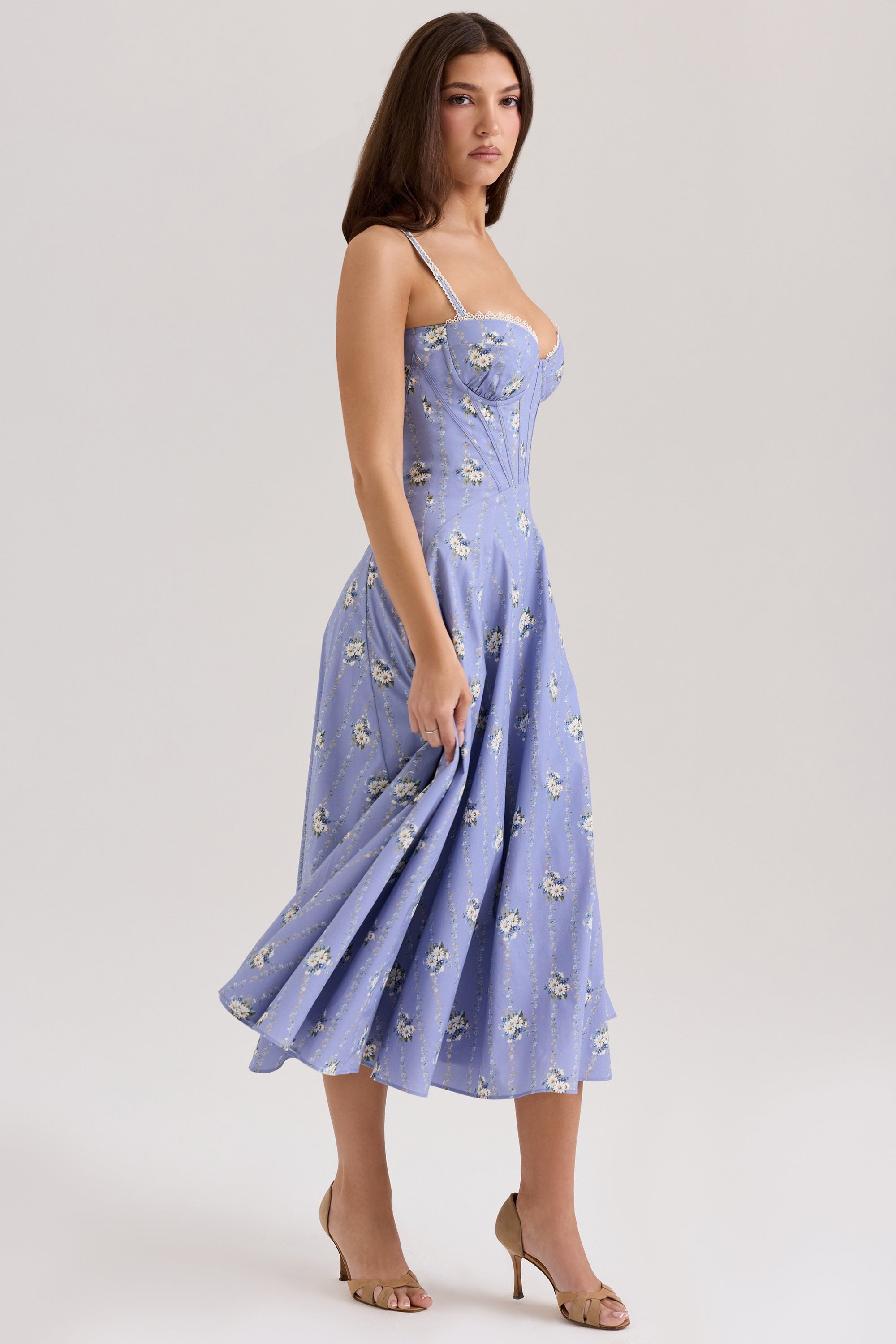 blue daisy print stretch cotton midi sundress