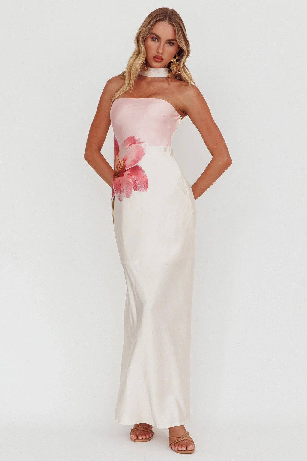 Damsel Reverse Halter Maxi Dress Flower Pink