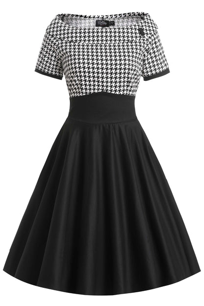 Darlene Houndstooth Roll Collar Circle Dress