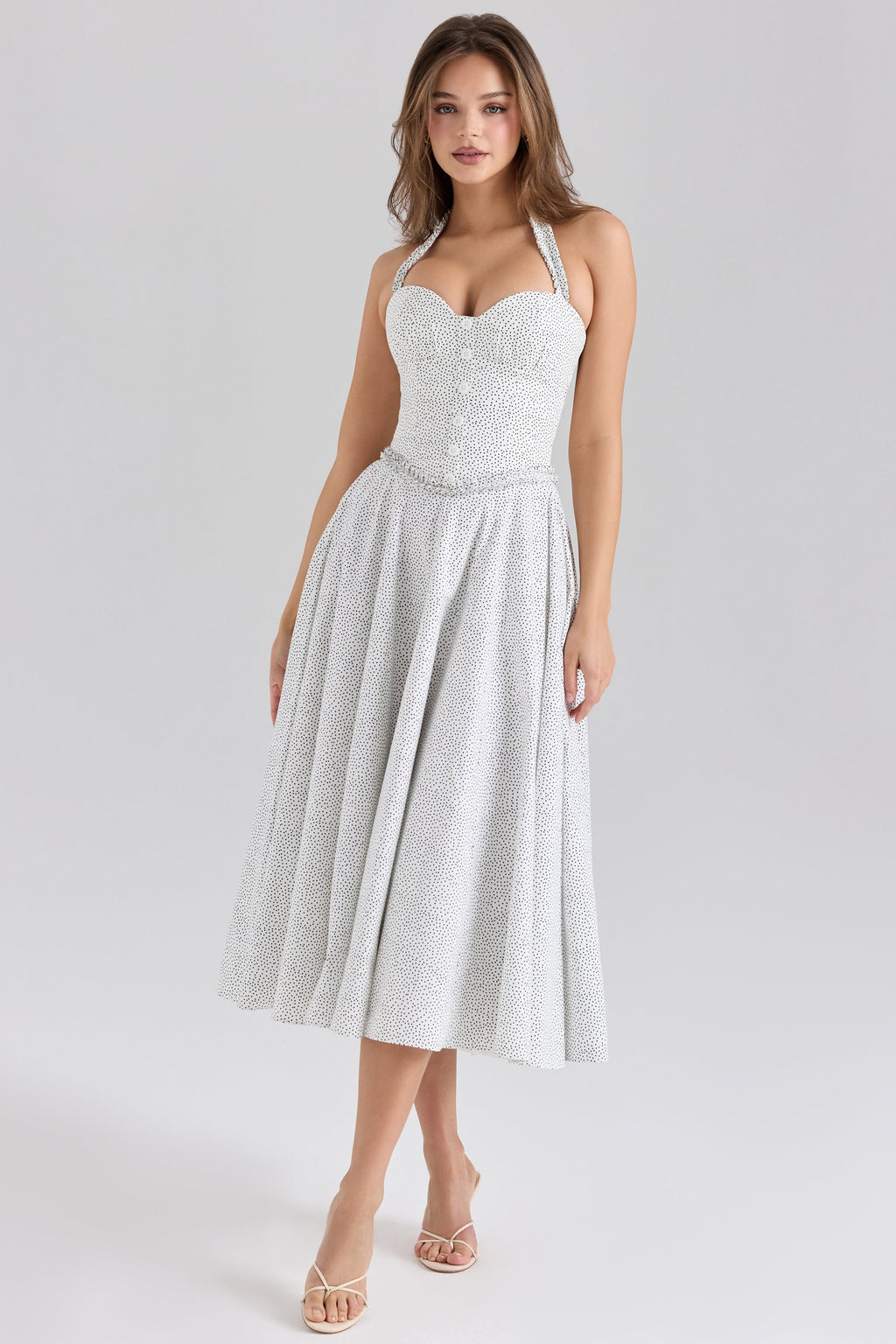cotton halter neck polka dot print midi dress