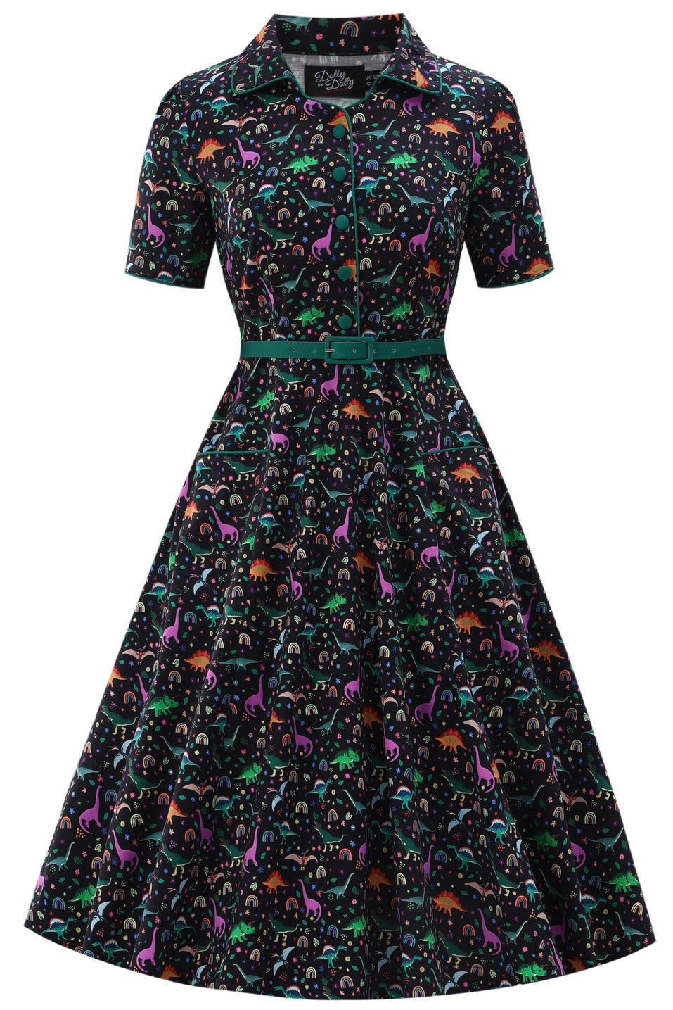 Mabel Dinosaur & Rainbow Midi Shirt Dress In Black