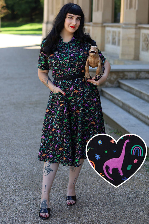 Mabel Dinosaur & Rainbow Midi Shirt Dress In Black