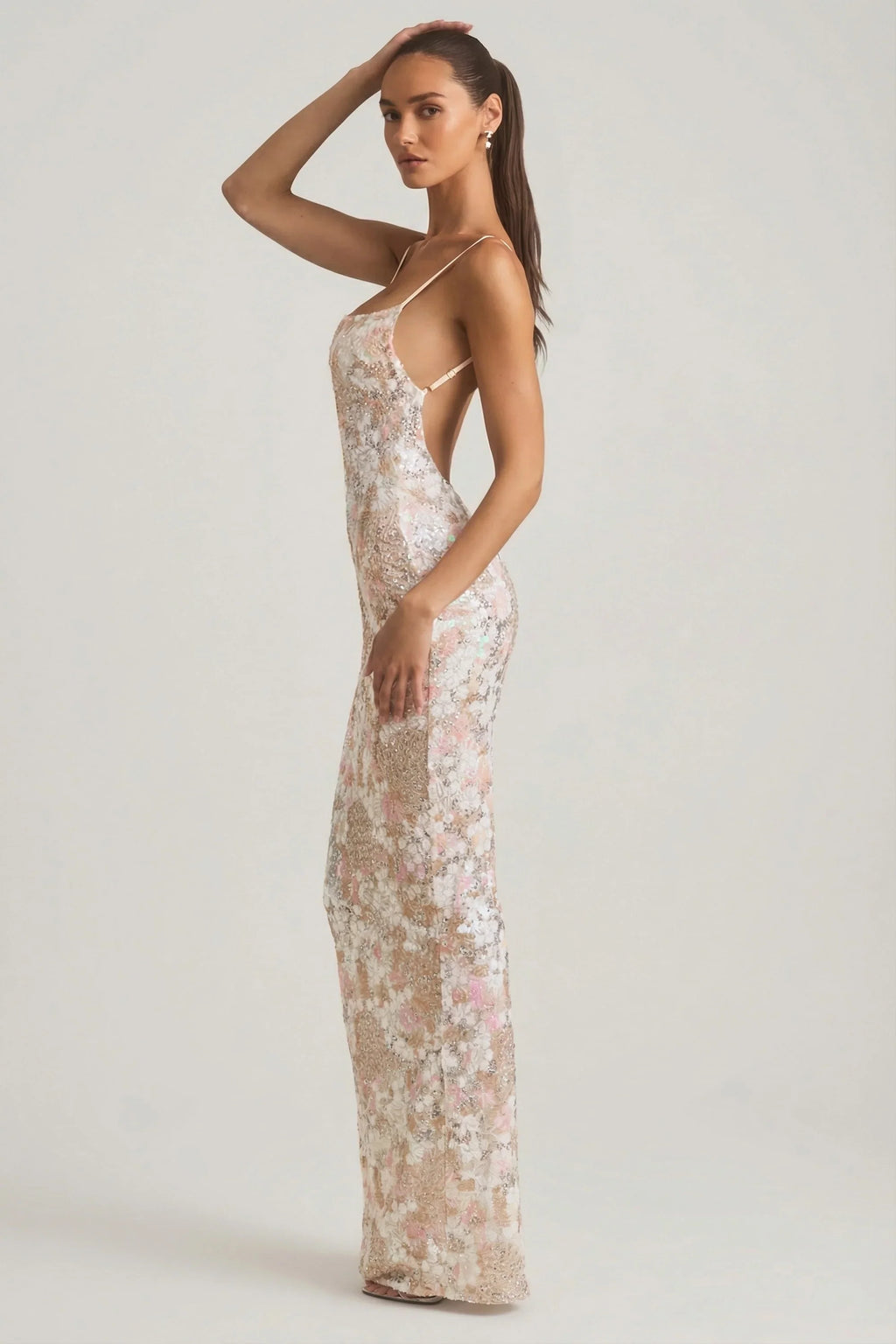 Embellished Scoop-Neck Backless Maxi Dress in Ivory