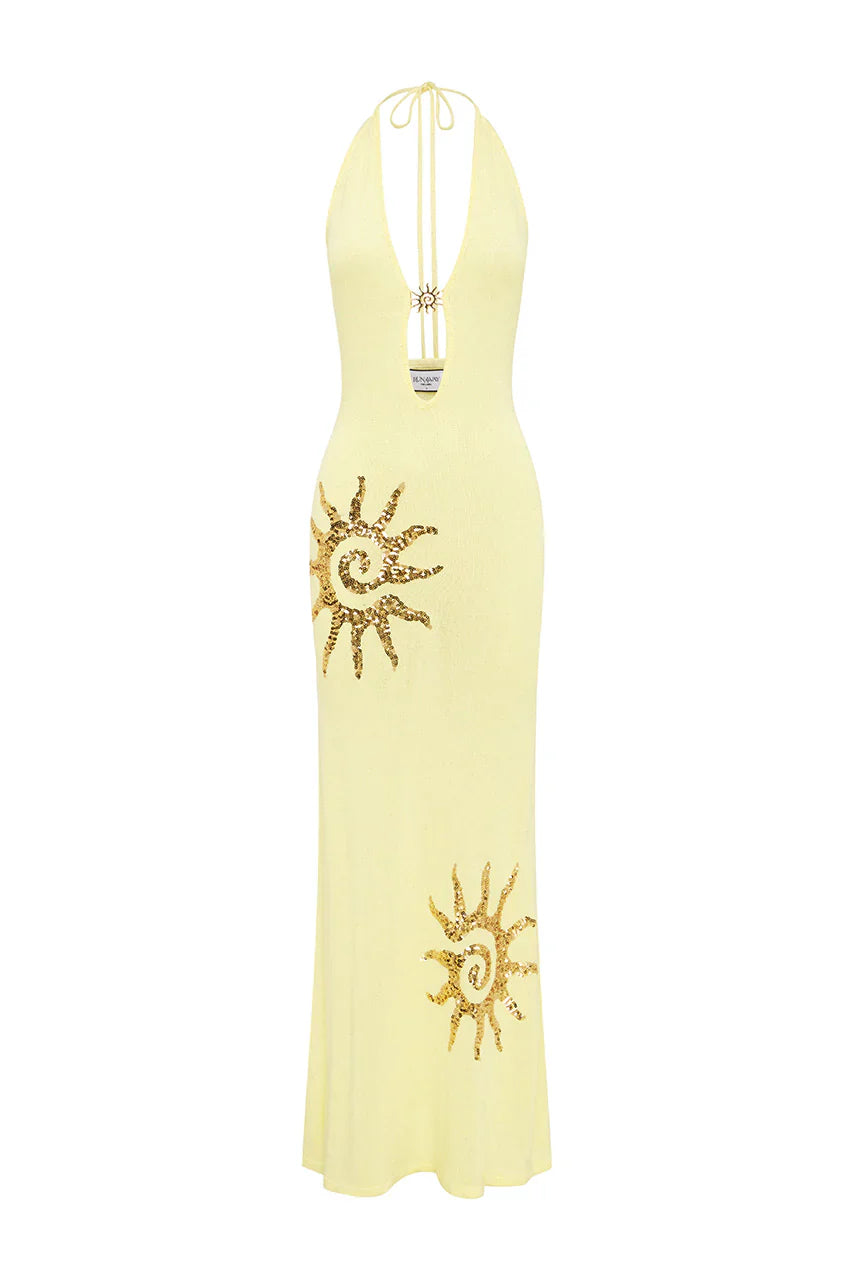 SABRINA HALTER KNIT MAXI DRESS - LEMON
