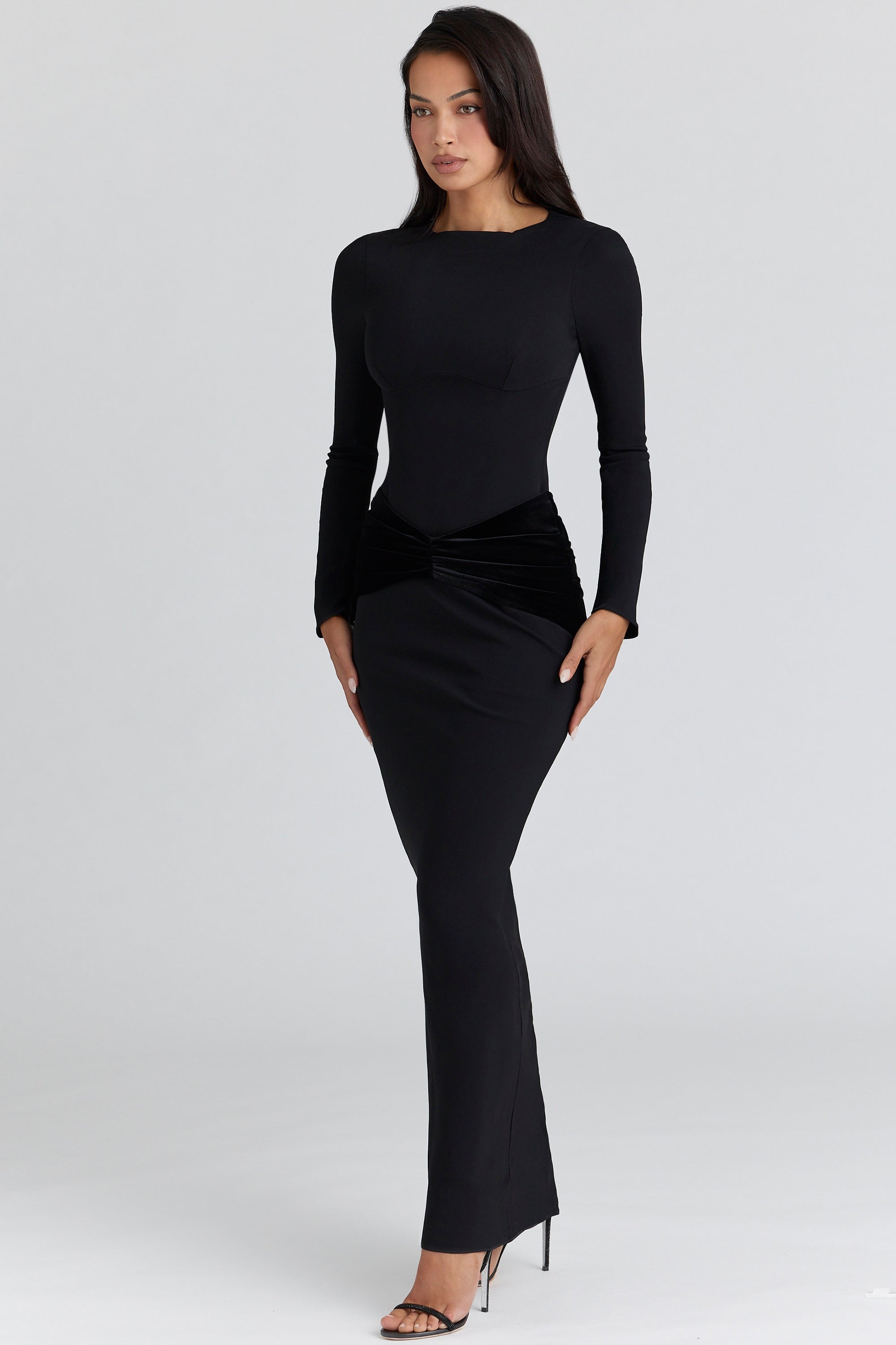 black long sleeve crepe jersey maxi dress
