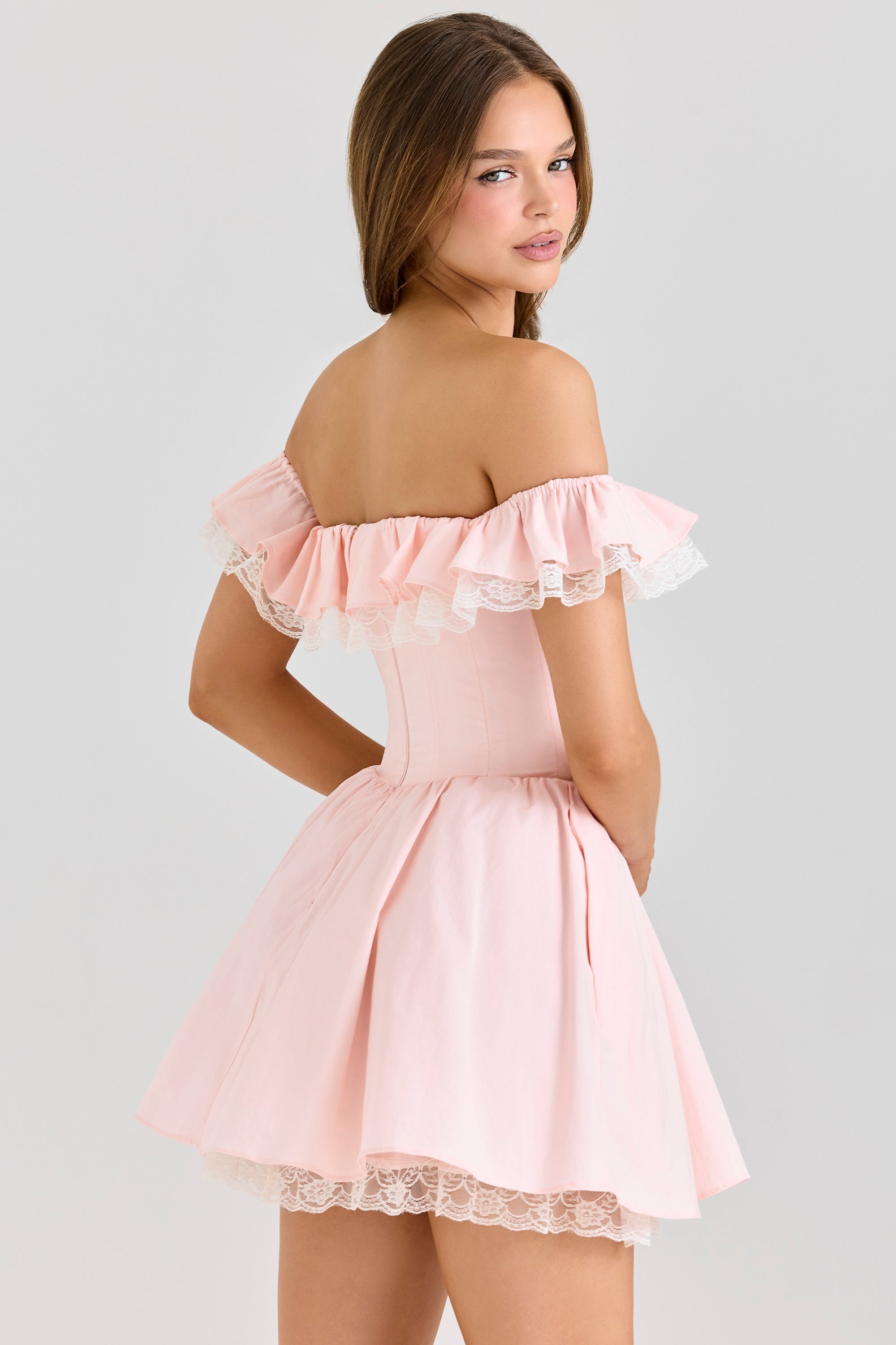 pink stretch cotton off shoulder corset mini dress