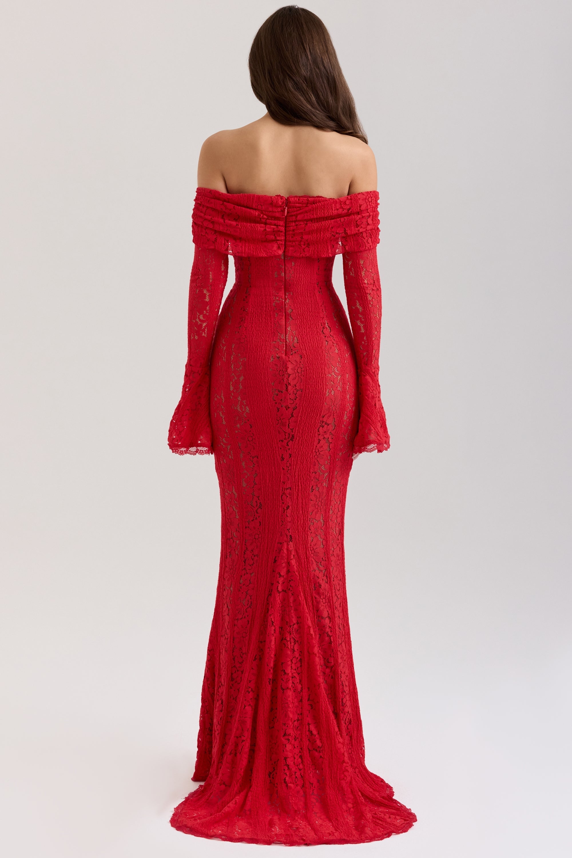 red off shoulder floral lace maxi dress